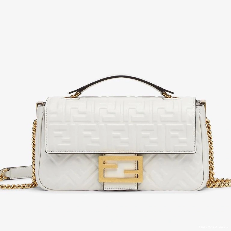 Affordable Baguette Nappa FF In Chain White Motif Bag Midi Fendi Leather 0713